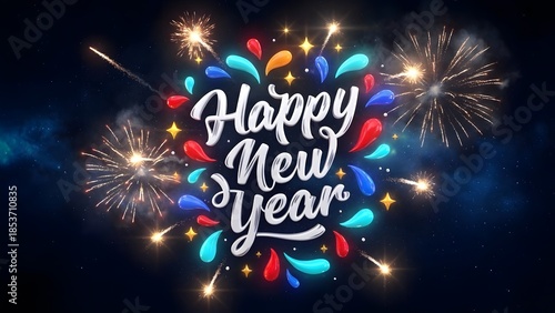 Happy new year celebration with vibrant fireworks and colorful festive design