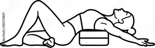 Line art depiction of a woman performing supported fish pose yoga exercise using a bolster for relaxation
