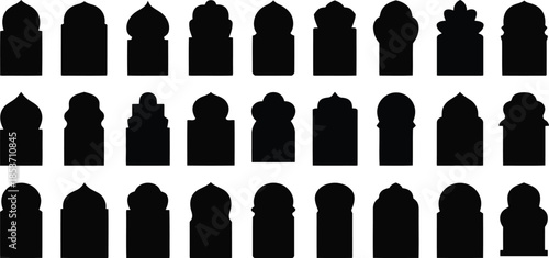 Striking silhouettes of various traditional Moroccan and Islamic arch designs in a clear grid