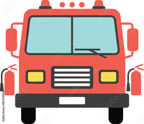 Flat vector illustration of a red fire truck from a front perspective featuring sirens and fire extinguishers for emergency service and firefighting concepts