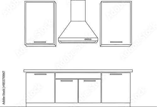 Minimalist line art drawing of a modern kitchen cabinet layout featuring upper storage and a central range hood appliance