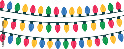 Three lines of vibrant Christmas string lights illuminate a festive holiday celebration