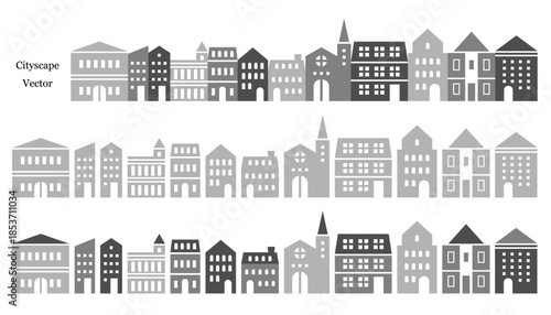 シンプルな街並みのイラスト素材セット ベクター モノクロ 家 白背景