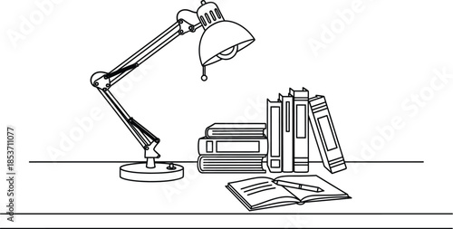 Simple black and white line art of a desk setup featuring an adjustable lamp books and notebook