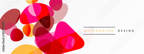 Abstract colorful shapes overlap, creating dynamic visual effect. Pink, red, yellow hues dominate white space. Modern design element.