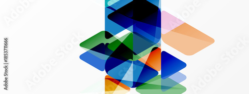 Abstract composition featuring overlapping translucent squares. Colors include blue, green, orange, plus white background. Modern design elements present.