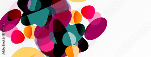 Abstract shapes overlap, creating vibrant color blends. Pink, teal, purple, orange dominate white background. Modern design element.