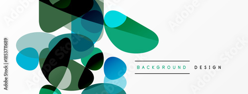 Abstract shapes overlap, creating layered visual effect. Blue, green hues dominate neutral backdrop. Minimalist design elements present.