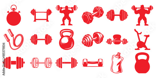 Red collection of gym and fitness equipment white