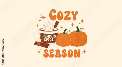 Cozy autumn-themed illustration with retro typography reading 'Cozy Season', featuring a pumpkin spice latte and two pumpkins with sparkles.