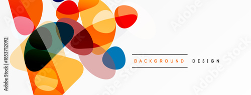 Abstract colorful shapes overlap. Dynamic composition creates modern visual effect. White space provides clean background.