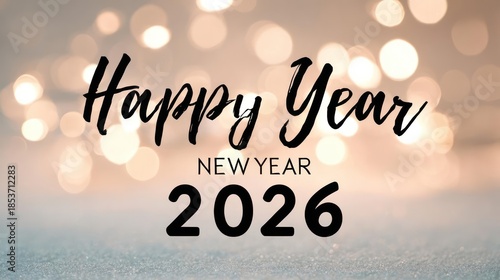 Elegant happy new year 2026 greeting with shimmering bokeh lights and festive celebration atmosphere