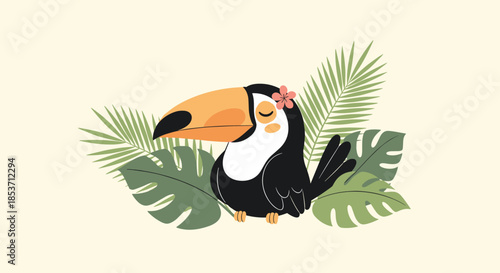 Adorable cartoon toucan with a pink flower on its head, sitting peacefully among tropical monstera and palm leaves on a light background.