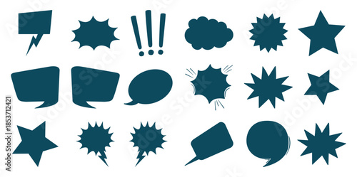 Collection of teal speech bubbles explosion symbols and stars white