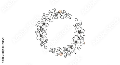 Elegant hand-drawn floral wreath made of anemone flowers and leaves, featuring a delicate sketch style with subtle hints of pink color.