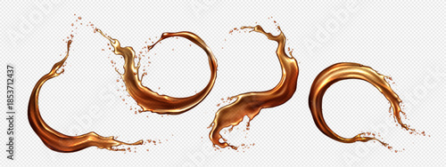 Round coffee splashes set isolated on transparent background. Vector realistic illustration of brown liquid pouring swirls, cola or tea flow with drops, abstract dark drink spill, beverage splatter