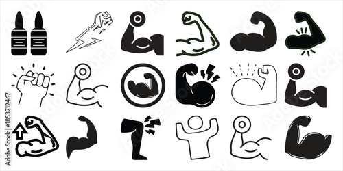 Collection of stylized representing muscle strength and fitness symbol
