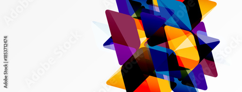 Abstract geometric shapes overlap, creating vibrant color blocks. Composition features dynamic angles, bold hues, modern design.