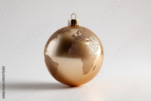 Elegant golden christmas ornament shaped like a globe with intricate world map details on a clean white background