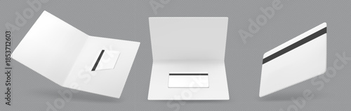 Hotel keycard mockup set with blank white plastic cards and magnetic stripe on transparent background. Realistic 3D room key template collection with holder for branding or membership design.