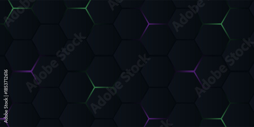 dark hexagonal technology abstract vector background with purple and green colored bright flashes under hexagon. hexagonal gaming vector.eps.10.