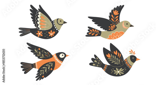 Set of four beautifully decorated folk art birds in flight, featuring intricate floral patterns in a charming, stylized Scandinavian design.
