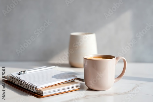 A serene workspace scene featuring a pastel mug, notebook, and calm aesthetic for productivity.