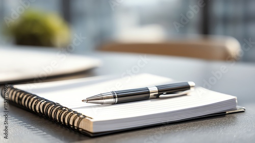 A sleek pen rests on an open notebook, symbolizing productivity and creativity in a modern workspace.