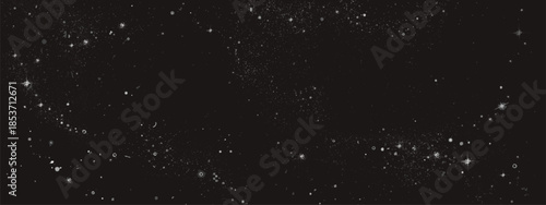 Black milky way space background with white stars scattered across dark universe expanse. Cosmic galaxy scene with distant stellar formations and celestial dust particles in night sky panorama.
