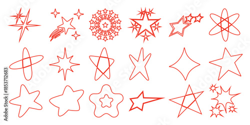 Collection of red star shapes and abstract orbital white