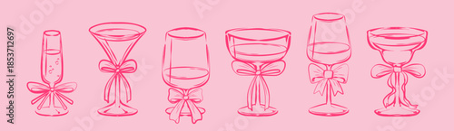 Cocktail glass set with pink bow ribbons - hand drawn martini and wine, champagne and margarita. Elegant cocktail doodles with coquette aesthetic for wedding, bachelorette and valentine party designs.