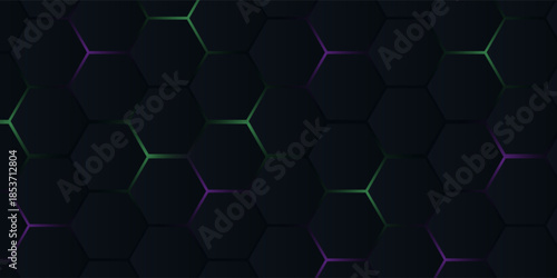 dark hexagonal technology abstract vector background with purple and green colored bright flashes under hexagon. hexagonal gaming vector.eps.10.