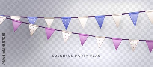 Colorful party flag bunting with triangular pennants on transparent background. Festive paper garland with pink, blue and white flags with polka dot pattern. Realistic 3D birthday decoration.