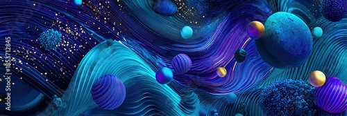 An abstract depiction of cosmic waves and planets in vibrant colors, creating a mesmerizing visual experience.