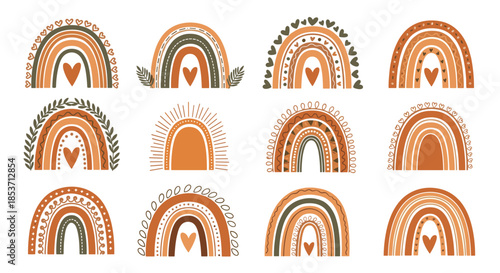 Collection of twelve hand-drawn boho style rainbows in earthy terracotta and green tones, featuring hearts, leaves, and various abstract patterns.