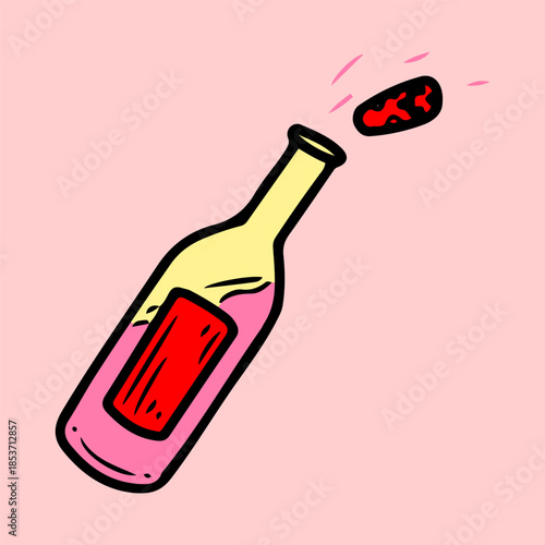 Glass wine bottle with popping cork. Hand drawn flat vector. Valentine Day. Alcoholic beverage, drink. Romantic holiday. Postcard celebration. Wedding anniversary. Doodle illustration.