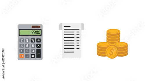 Calculator, Invoice, and Gold Coins on White Background