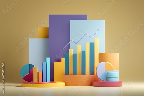 Colorful 3D charts and graphs representing data trends and analytics in a modern design.