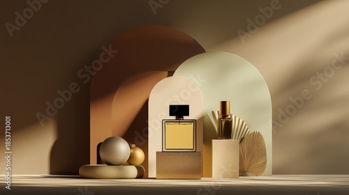 Elegant perfume display featuring minimalist decor, soft shadows, and warm tones creating a tranquil atmosphere.