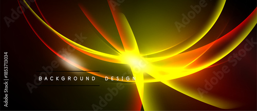 Dynamic abstract design features vibrant yellow, orange, red streaks. Dark background emphasizes glowing central burst, modern aesthetic.