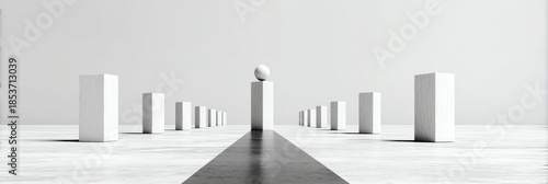 Minimalistic design featuring white pillars and a central sphere, evoking a sense of tranquility and balance.