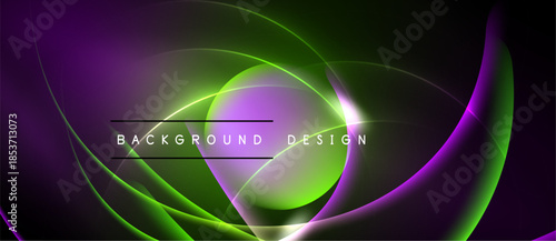 Abstract background features vibrant curves, gradients. Purple, green hues blend creating dynamic visual effect. Modern design element.