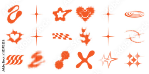 Collection of orange halftone including stars hearts and abstract shapes