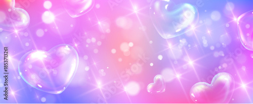 Dreamy rainbow background with 3d hearts and glitter particles. Vector realistic illustration of seamless pastel gradient, princess pattern, shimmering sparks, magic bokeh effect, cute girly design