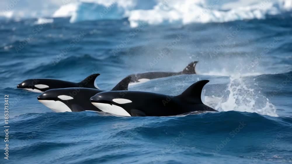 4k Pod of orcas swimming near Antarctic icebergs in deep blue water ...
