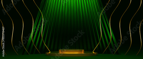 Round golden stage on luxury dark green background. Vector realistic illustration of shiny gold podium with wavy lines, abstract decoration with light effect, winner award ceremony, presentation