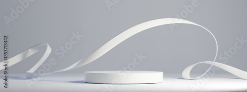 Abstract 3D podium with flowing white ribbon wave on grey backdrop. Elegant platform stage with smooth curved streamer design. Modern minimalist scene for product display or presentation purposes.