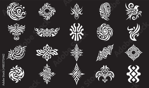 Collection of intricate white tribal and celtic decorative symbols black