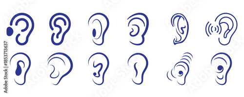 Collection of distinct blue outline ear a white hearing sound
