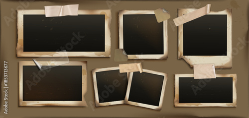 Vintage photo frame set on brown background. Realistic empty picture frames in various sizes attached with adhesive tape strips. Retro torn, stained collage template for scrapbook, memory album